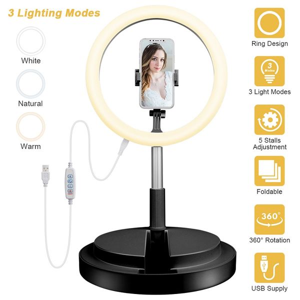 Anillo de luz para Selfie con Base redonda, soporte de teléfono Flexible regulable para transmisión en vivo/maquillaje, UBeesize, Mini cámara Led de escritorio, luz de anillo