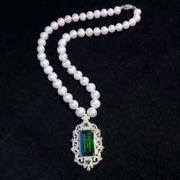 Collier de perles d'eau douce blanches naturelles, 45cm, 8-9mm, accessoires en zircon, pendentif, bijoux à la mode, 197d