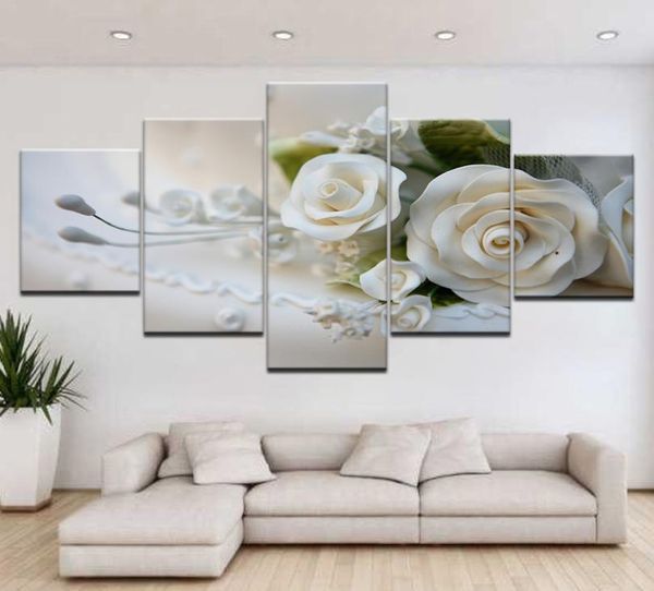 Vends 5 pièces, tableau d'art mural sur toile, peinture imprimée, image modulaire moderne, beaucoup de fleurs, rose blanche avec cadre 8708629