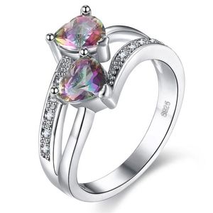 Verkoop Leuke Mode-sieraden 925 Sterling Zilver Dubbel Hart Kleur Rianbow Edelstenen Vrouwen Wedding Engagement Band Ring Voor Love259I
