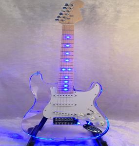 Verkoop als taarten elektrische gitaar Acryl body en esdoorn halslens blauwe LED-lamp elektrische gitaar 8711221