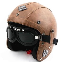 Venta de casco de motocicleta de cuero Vintage para hombre, casco de piloto Retro de cara abierta, cascos de moto jet, cascos capacete DOT2897