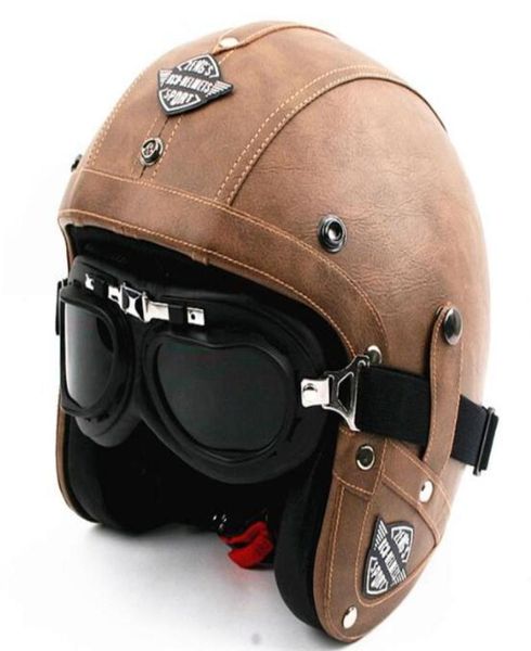 Vends hommes Vintage cuir Moto casque ouvert visage rétro pilote Cruiser casques motocicleta jet moto cascos capacete DOT8772318