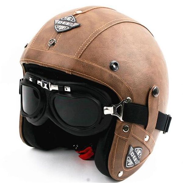 Vends Hommes Vintage En Cuir Moto Casque Open Face Retro Pilot Cruiser Casques motocicleta jet moto cascos capacete DOT2897