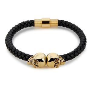 Verkoop Heren Zwart Lederen Gevlochten Schedel Armbanden Mannen Vrouwen Rvs Goud Noord Schedel Bangle Mode-sieraden2417826