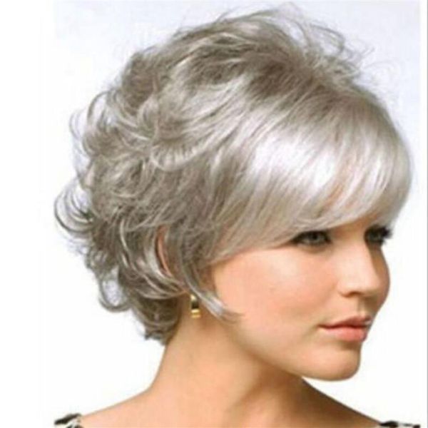 Vender nueva moda corto gris gris ondulado rizado mujer señora peluca de pelo pelucas Cap192L