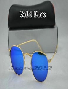 Vendez de nouvelles lunettes de soleil rondes de créateurs de verres de soleil Gold Metal Blue Mirror 50 mm Lentins en verre pour hommes Femmes avec boîtier Box Stor8252247