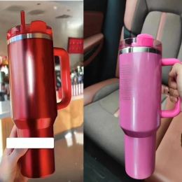 Vender bien 40 oz Quencher Tumblers Co marca Shimmer Pink Red Cups con mango de silicona Tazas de coche de segunda generación 0324