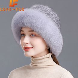 Vender invierno tejido 100% piel de visón Natural y sombreros de piel de zorro señora mullido gorro de piel de zorro genuino mujeres lujoso sombrero de piel de visón Real 240127