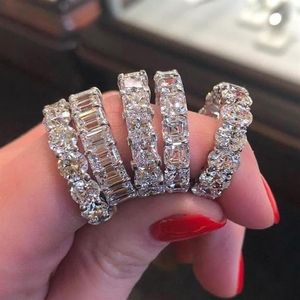 Verkoop Vrouwen Mode-sieraden Real 925 Sterling Zilver Emerald Cut White Topaz CZ Diamond Promise Vrouwen Wedding Band Ring Voor Lov2840