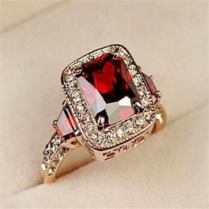 Verkoop van 18K rosé goud vergulde perfecte gesneden Red Ruby Rectangle Oostenrijkse kristal luxe dame vingerring hele 18Krgp328K