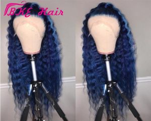 vente 360 dentelle frontale longue vague d'eau perruque couleur bleu foncé synthétique dentelle avant perruque avec pré plcuked bébé cheveux perruques pour femmes8409542