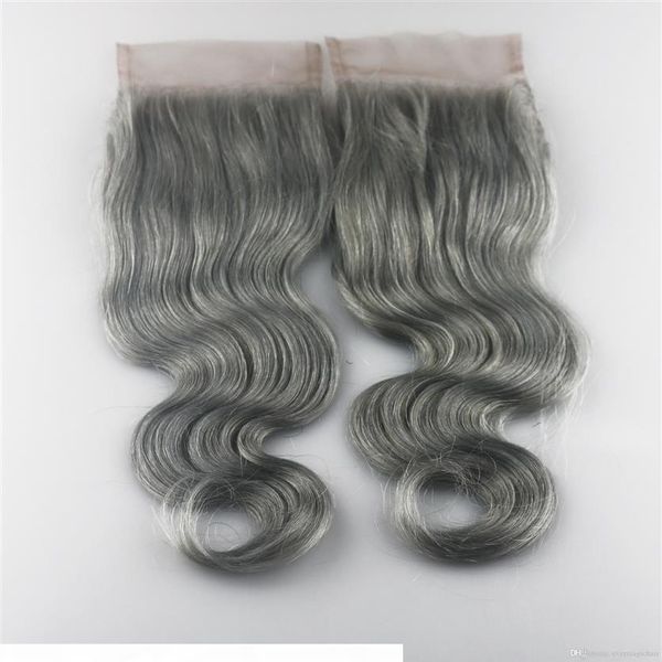 Vente 4x4 gris # dentelle fermeture cheveux humains brésilien humain vierge cheveux vague de corps suisse dentelle fermeture 213t