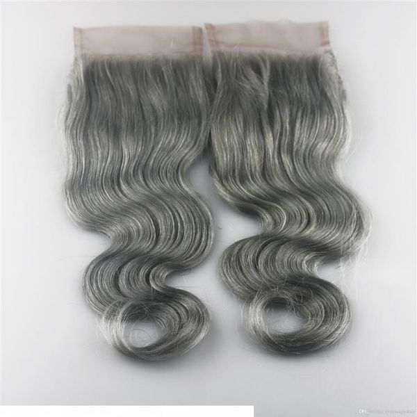 vente 4x4 Gris # Dentelle Fermeture de Cheveux Humains Brésiliens Vierge de Cheveux Humains Corps Vague Suisse Dentelle fermeture238s