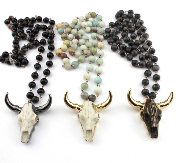 Vente de colliers de déclaration de pierres d'amazonite, chaîne en pierre naturelle faite à la main, bijoux tribaux bohème, pendentif en corne, collier 5920112