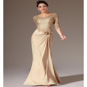 Verkoop champagne bescheiden moeder van de bruid jurken lange zeemeermin stijl kant chiffon v-hals 3/4 lange mouw avond formeel Gow161q