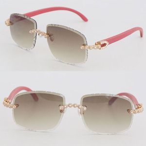 Venta de diseñador Moissanite Diamond Set Gafas de sol sin montura Mujer Madera roja Hombres gafas Cara de forma ovalada Lente tallada Piedras grandes Vintage Metal Gafas de oro Tamaño 62