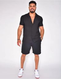 Vente Hawaii hommes été décontracté mode costume col coton lin couleur unie à manches courtes shorts 240220