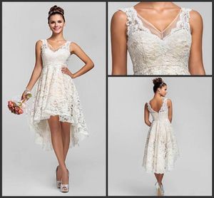 Venta de vestidos de damas de honor junior altos y bajos baratos 2019 Vestido para ocasiones formales de encaje con cuello en V, corto hasta la rodilla, para fiesta de bodas 1517639