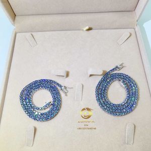 Vente de bijoux glacés 3mm 4mm Moissanite Tennis Chain Collier de tennis en argent sterling bleu coloré