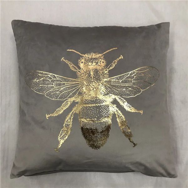 Housse de coussin carrée en velours avec impression de feuille d'insecte, taie d'oreiller avec estampage doré, abeille, 240129