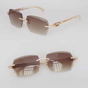 Modèle de vente Moissanite Diamond Set Lunettes de soleil pour femme Homme Original Blanc Véritable Corne Cerclées Lunettes de soleil Homme Lunettes de luxe Diamant coupe Lunettes de soleil Taille 61