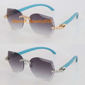 Vente Moissanite Diamond Set Lunettes de soleil en bois bleu sans monture Femme Lunettes de soleil en bois Hommes 8200762 Lunettes de soleil vintage pour hommes et femmes Taille 60