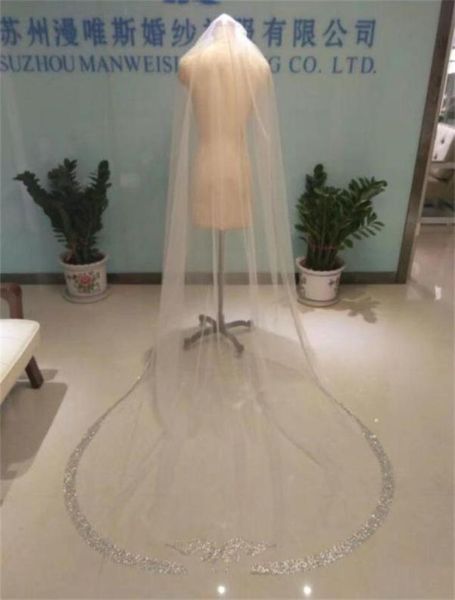 Vente d'une couche de voile de mariage en cristal de 3 mètres de long, Image réelle, longueur de la cathédrale, perles, voile de mariée en Tulle avec peigne83502125105333