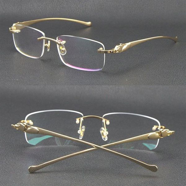 Venta de gafas de sol sin montura de metal leopardo Serie Panther Ópticas de oro de 18 quilates Gafas cuadradas Cara de forma redonda Gafas masculinas y femeninas W267K