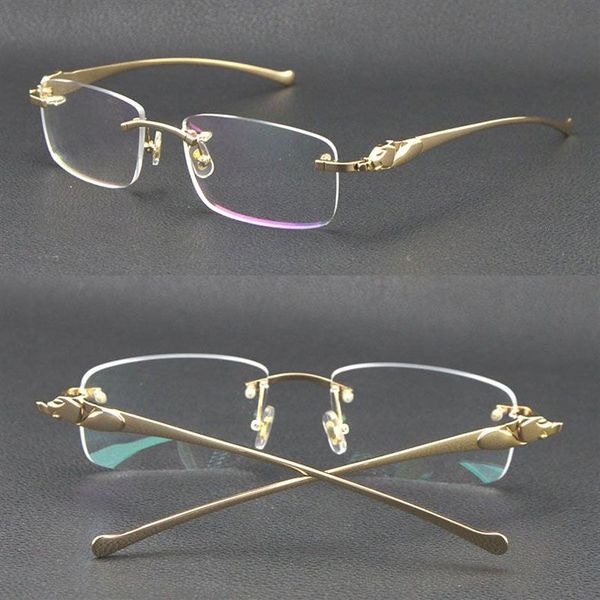 Venta de gafas de sol sin montura de metal leopardo Serie Panther Ópticas de oro de 18 quilates Gafas cuadradas Cara de forma redonda Gafas masculinas y femeninas W314s