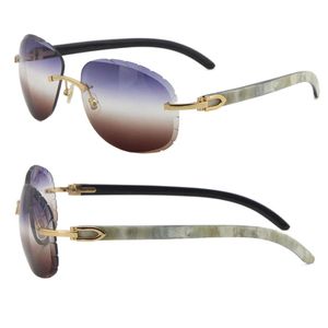 Lunettes de soleil sans monture originales blanches à l'intérieur en corne de buffle noire coupe diamant UV400 lentille unisexe de haute qualité lunettes de soleil en métal cadre en or 18 carats grand optique mâle et femelle