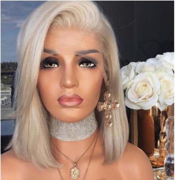 Vente côté partie perruque droite platine blonde perruque résistant à la chaleur synthétique dentelle avant perruque bébé cheveux argent court Bob perruques3135349