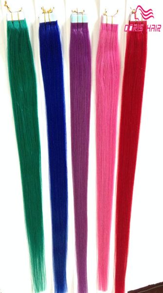 Venta de cinta recta sedosa Extensiones de cabello Mezcla Colores Pink Red Blue Purple Green Tape in Human Hair Tape On Hair1001371