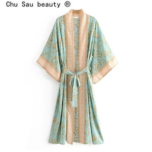 Vente Vintage Boho imprimé fleuri Long Kimono Cardigan été hauts ceinturé vêtements de plage Vestido Blusas Mujer 220307
