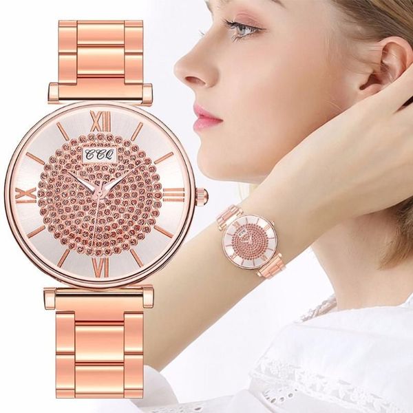 Vente de femmes en acier inoxydable pleine diamant montre de luxe dames montre à Quartz CCQ horloge Drop229E