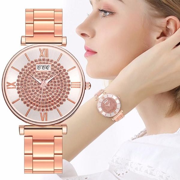 Vente de femmes en acier inoxydable pleine diamant montre de luxe dames montre à Quartz CCQ horloge Drop198t