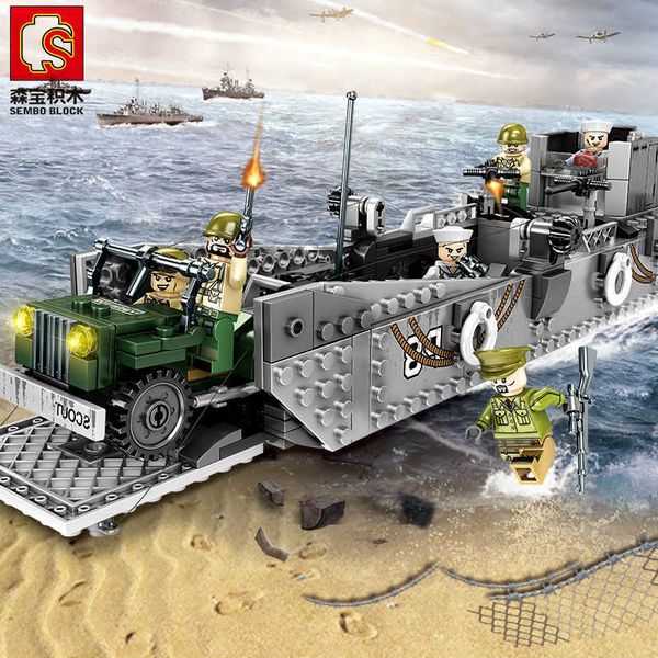 Sembo Block LCM3 Landing Ship and Tank WW2 Armée Blocs de Construction Briques Militaires Avec 6 Soldats Figure Constructeur Jouets pour Enfants X0902