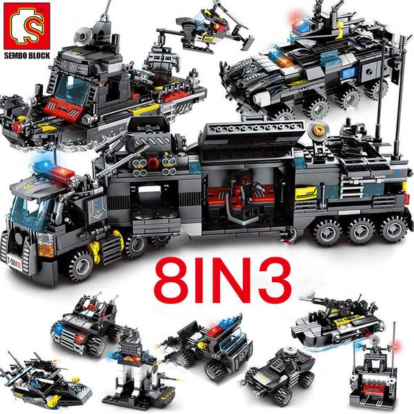 SEMBO BLOCK SWAT Police Building Block Lepinblock City Black Eagle Aircraft Tank Constructor Figure Éclairer Fit Brick Toy Q0624