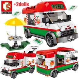 SEMBO City Creative Pizza Takeaway Car Building Blocks Street View Assainissement Nettoyage Véhicule Chiffres Briques Jouets pour Kid LJ200928