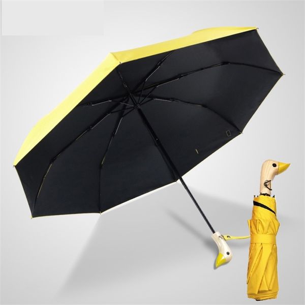 Parapluie solaire semi-automatique tête de canard mignon manche en bois 8k 2 pliant coupe-vent revêtement noir Protection UV femmes parapluies de pluie 220217