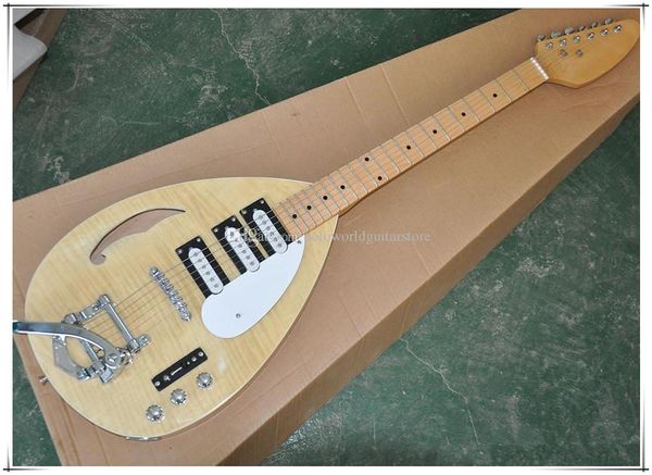 Guitare électrique semi-creuse en forme de goutte originale avec pickguard blanc, placage en érable flammé, touche en palissandre, peut être personnalisée