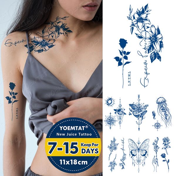 Autocollant de tatouage temporaire étanche semi-permanent jus d'encre durable ligne de tatouage fleur Rose à base de plantes faux Tatoo femmes hommes Art corporel