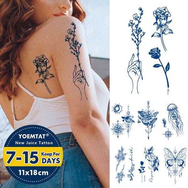 Autocollant de tatouage temporaire étanche Semi-Permanent ligne fleur texte Genipin feuilles à base de plantes jus encre durable faux épaule Tatoo