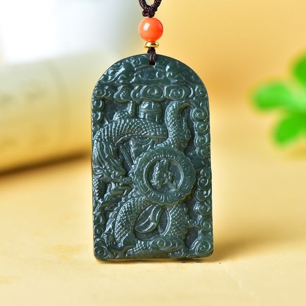 Envoyer un certificat Natural Green Jade Guan Yu Pendant Collier Men Femmes Femmes Hetian Nephrite Jades Guan Gong Charmes Lucky Amulet Cadeaux