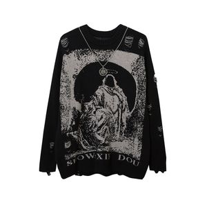 Stuur ketting gescheurde oversized truien gerafeld gebreide top met lange mouwen top Harajuku streetwear pullovers gothic mannen y2k dames trui 220817