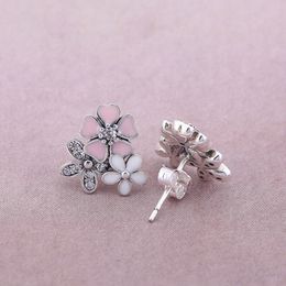 Senior designer authentieke Sterling zilveren bloemen Stud Earring box voor roze emaille Daisy Leuke dames meisjes oorbellen sets