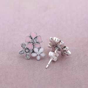 Boîte de boucles d'oreilles à fleurs en argent Sterling authentique, styliste Senior, pour marguerite en émail rose, ensembles de boucles d'oreilles mignonnes pour femmes et filles