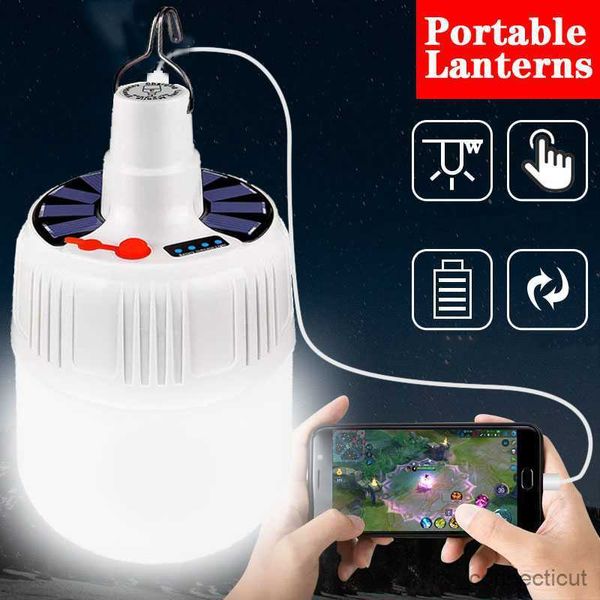 Luces con sensor Linternas portátiles Lámpara de camping Luz de emergencia recargable Tente familiar Camping Bombilla LED Lámpara solar R230606