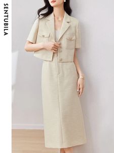 Sentubila Franse vintage elegante tweed set korte mouw jas split midi rok 2 -delige sets dames outfit zomer 133Z49949 240417