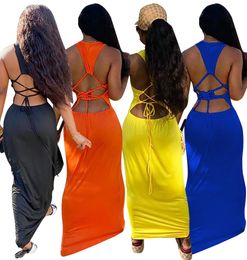 Senyu Verkoop Women Streetwear Casual Tank Oneck Lace Up Open Back Slim Maxi Dress Fashion Mouwlevess Solid Long Dresses9385855